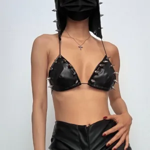 Rivet PU leather hoodie self tie backless crop top