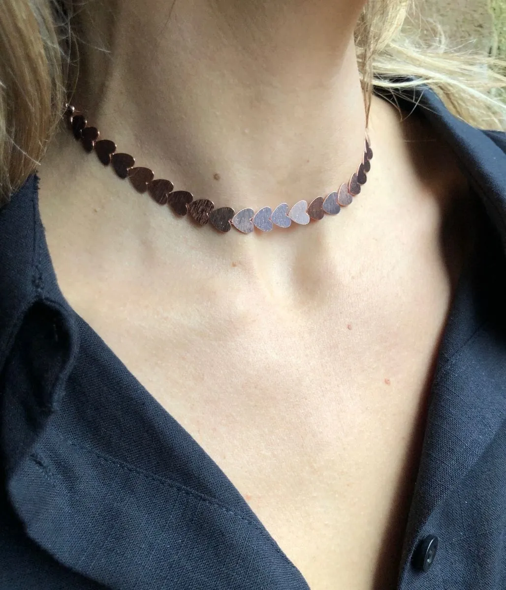 Rose Gold Petal Strand of Hearts Collar Necklace