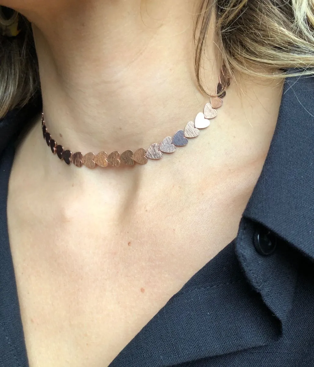 Rose Gold Petal Strand of Hearts Collar Necklace