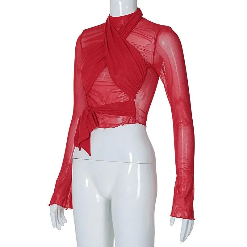 Self tie solid cross front ruched long sleeve mesh top