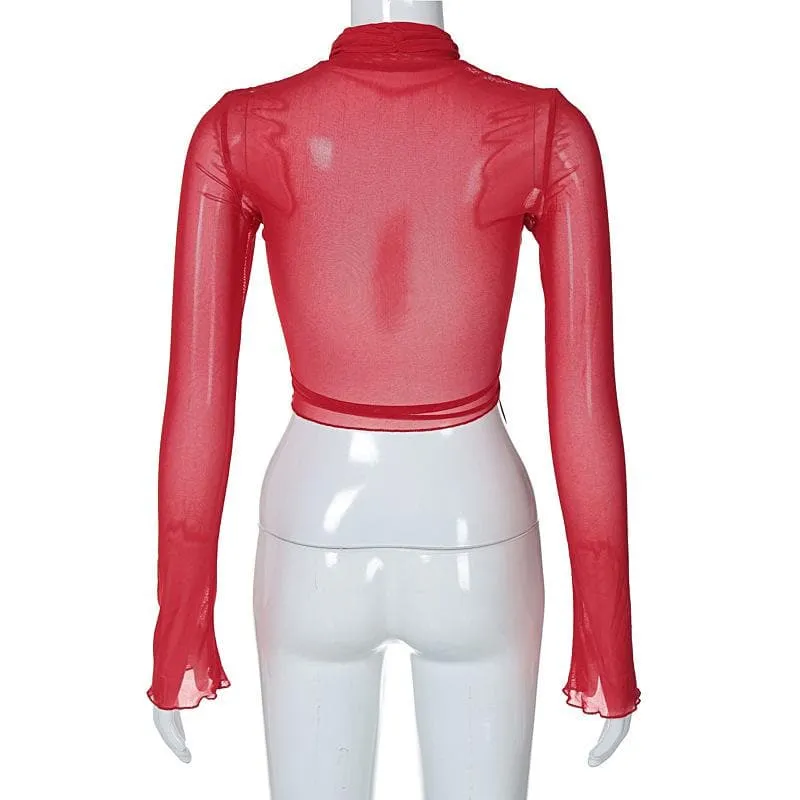 Self tie solid cross front ruched long sleeve mesh top