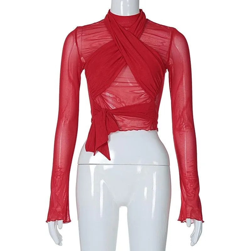 Self tie solid cross front ruched long sleeve mesh top