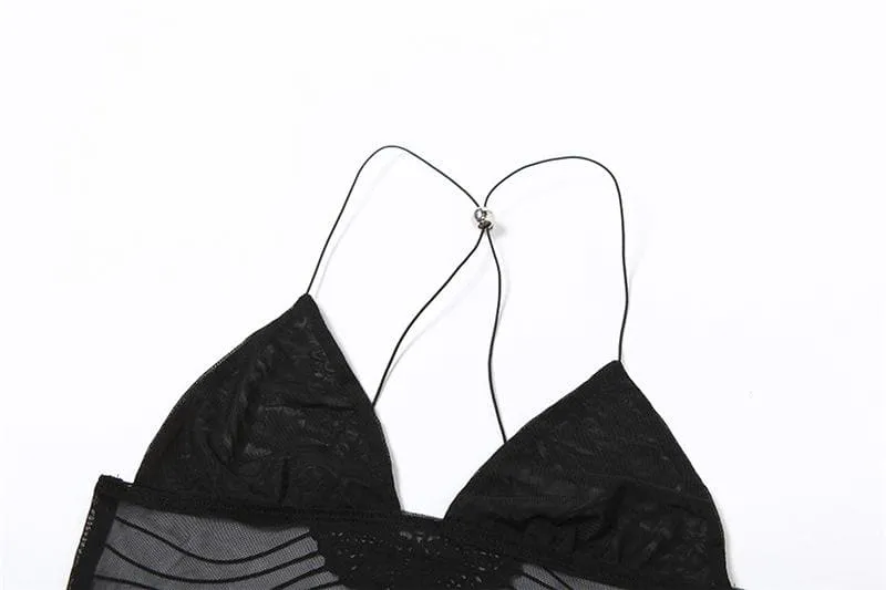 Sheer mesh butterfly applique see through backless solid top