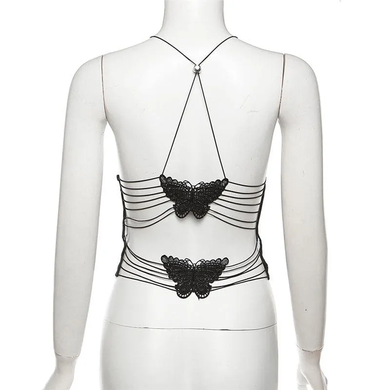 Sheer mesh butterfly applique see through backless solid top