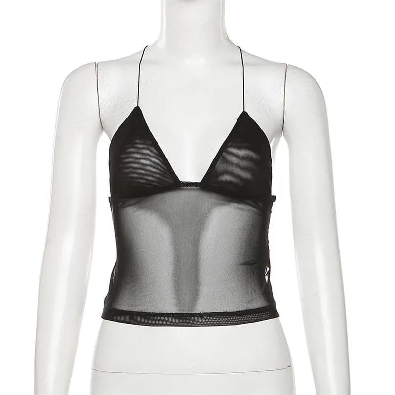 Sheer mesh butterfly applique see through backless solid top