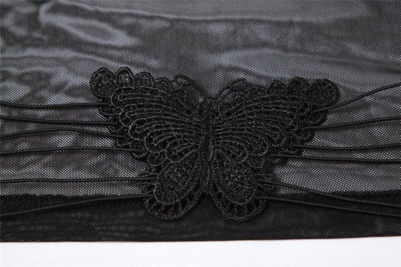 Sheer mesh butterfly applique see through backless solid top