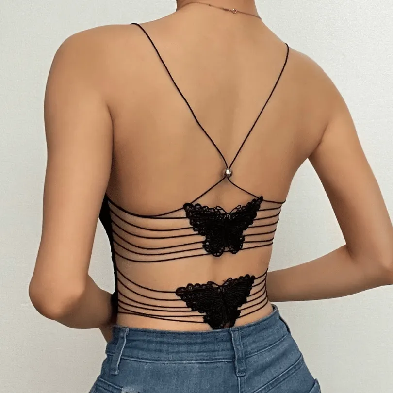 Sheer mesh butterfly applique see through backless solid top