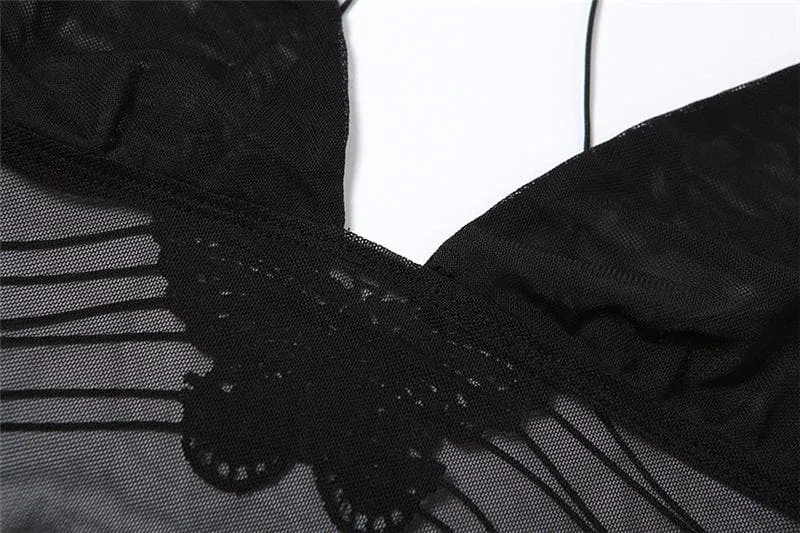 Sheer mesh butterfly applique see through backless solid top
