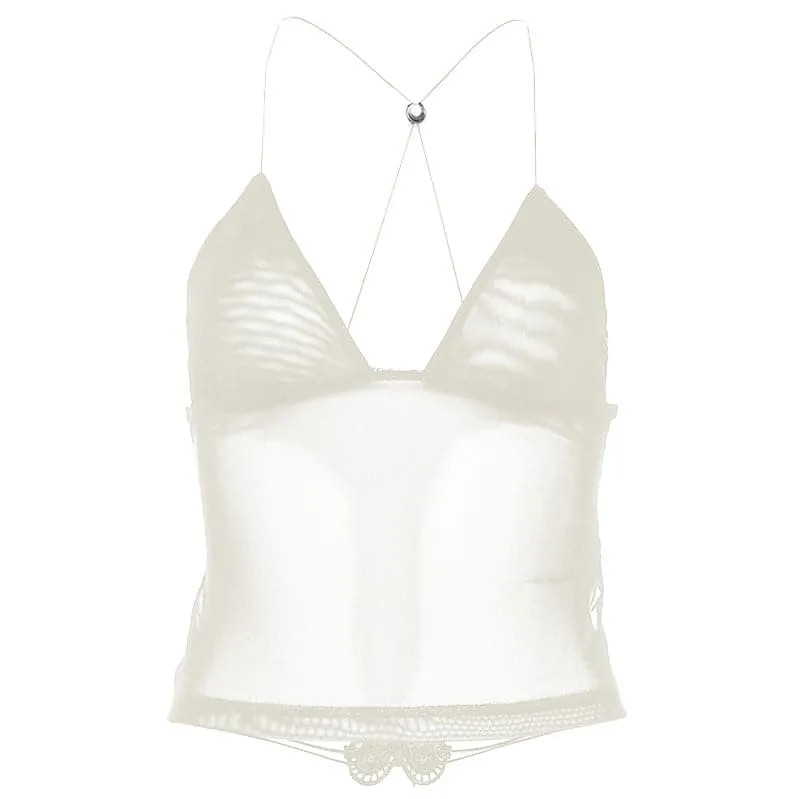 Sheer mesh butterfly applique see through backless solid top
