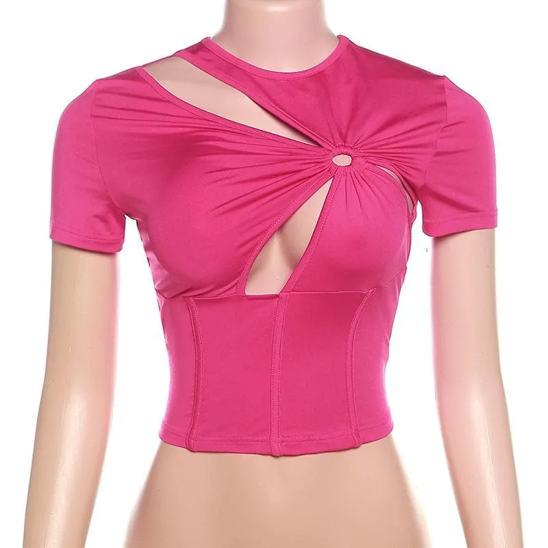 Short sleeve crewneck ruched hollow out corset cut out top
