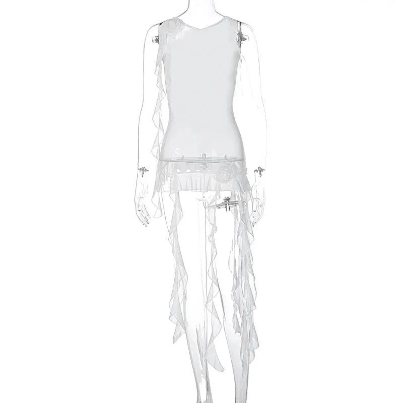 Sleeveless solid cross back sheer mesh see through ruffle flower applique top