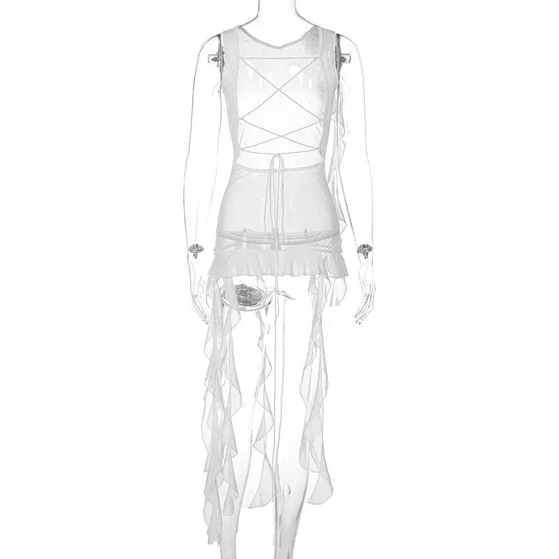 Sleeveless solid cross back sheer mesh see through ruffle flower applique top