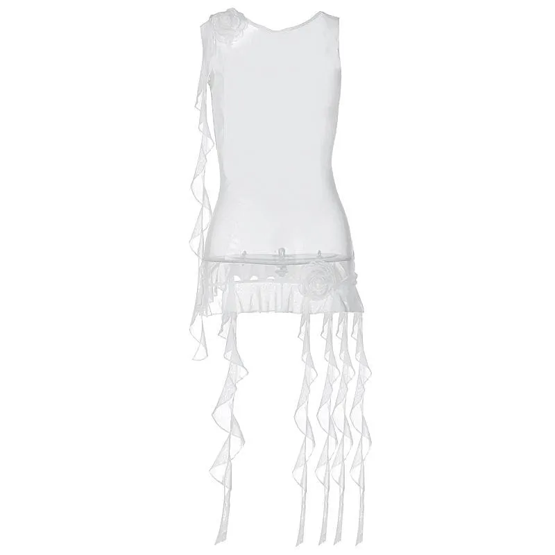 Sleeveless solid cross back sheer mesh see through ruffle flower applique top