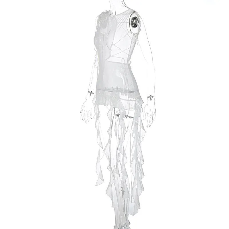 Sleeveless solid cross back sheer mesh see through ruffle flower applique top