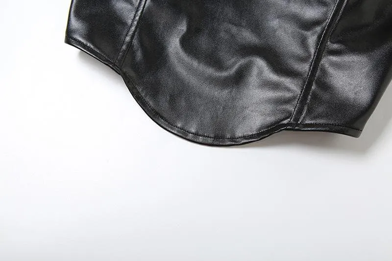 Solid PU leather zip-up v neck backless bustier tube crop top