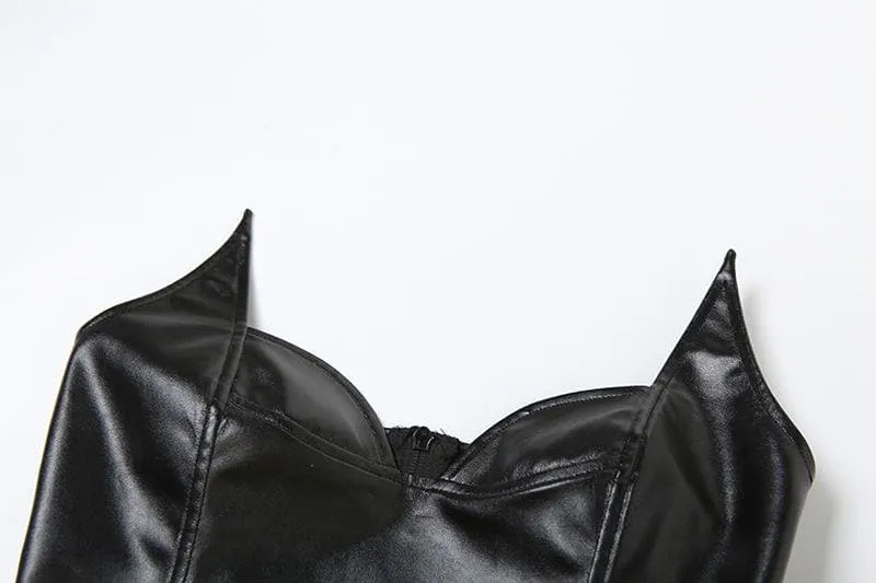 Solid PU leather zip-up v neck backless bustier tube crop top
