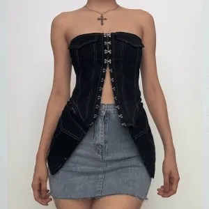 Stitch pocket button contrast backless denim tube top