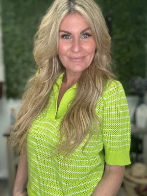 Striped Polo Collar Open Stitch Short Sleeve Sweater