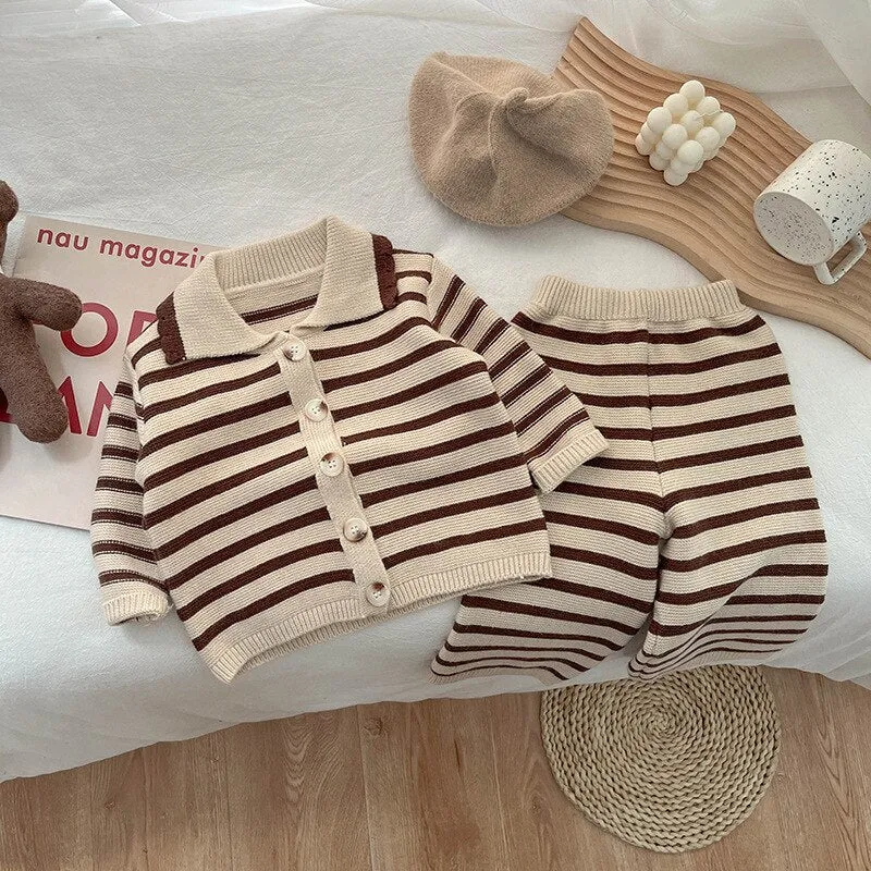 Stripey Cardigan and Straight Leg Trousers Matching Set for Girls