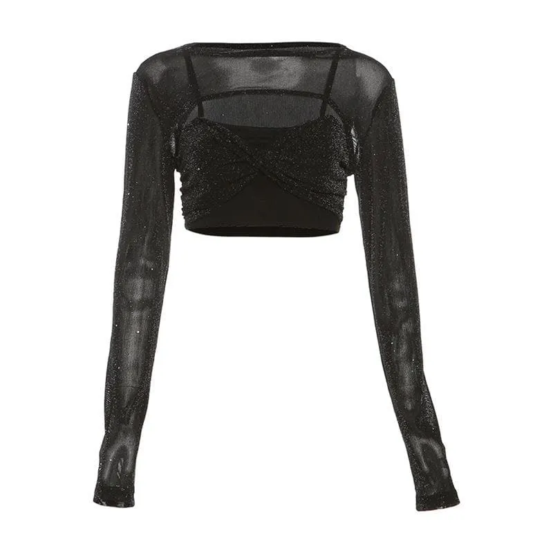 Textured long sleeve crewneck shrug 2 piece crop top