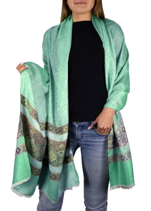 Tribal Aqua Peach Couture Exclusive Silky Shiny Tribal Paisley Printed Fringe Scarf