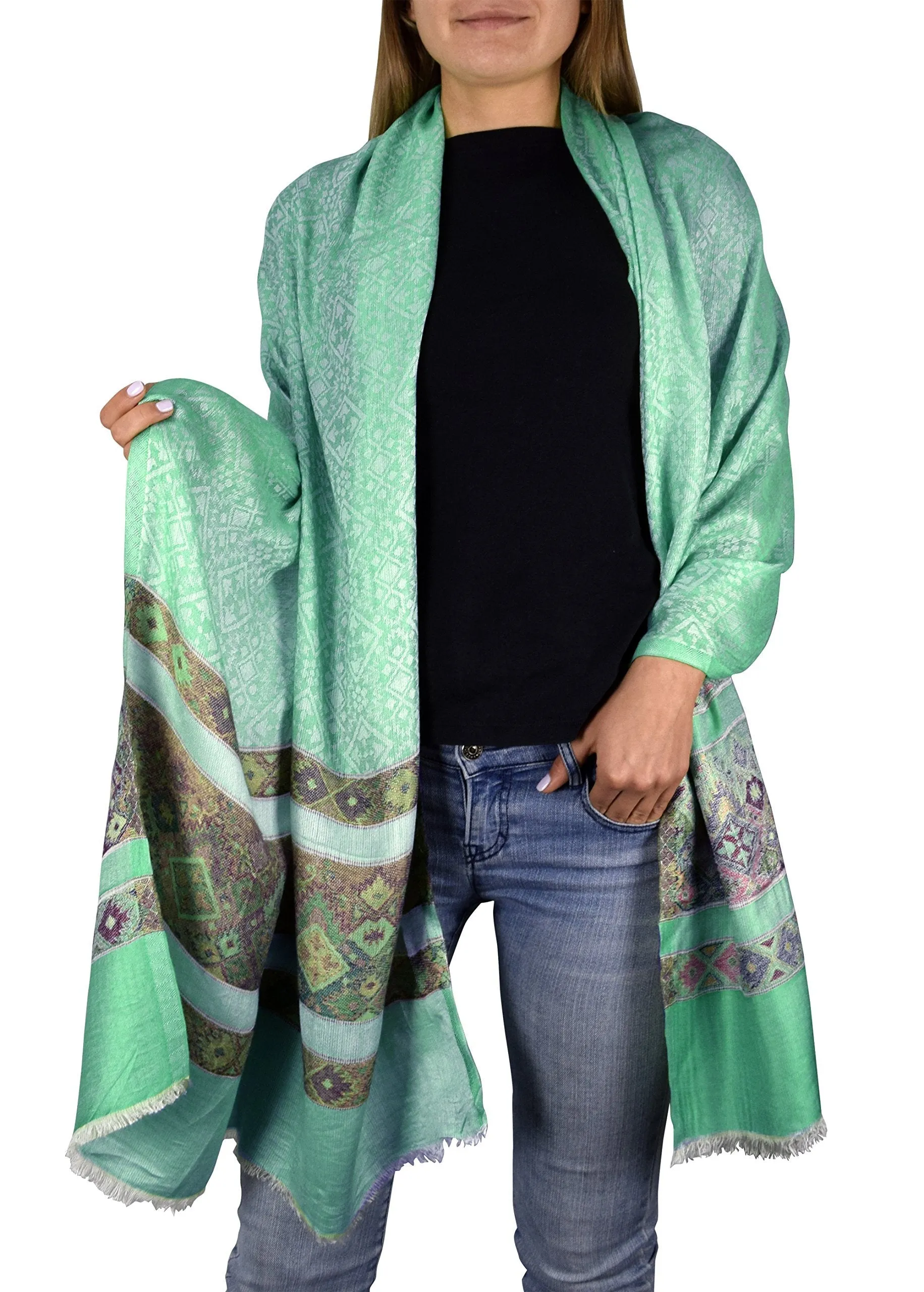 Tribal Aqua Peach Couture Exclusive Silky Shiny Tribal Paisley Printed Fringe Scarf