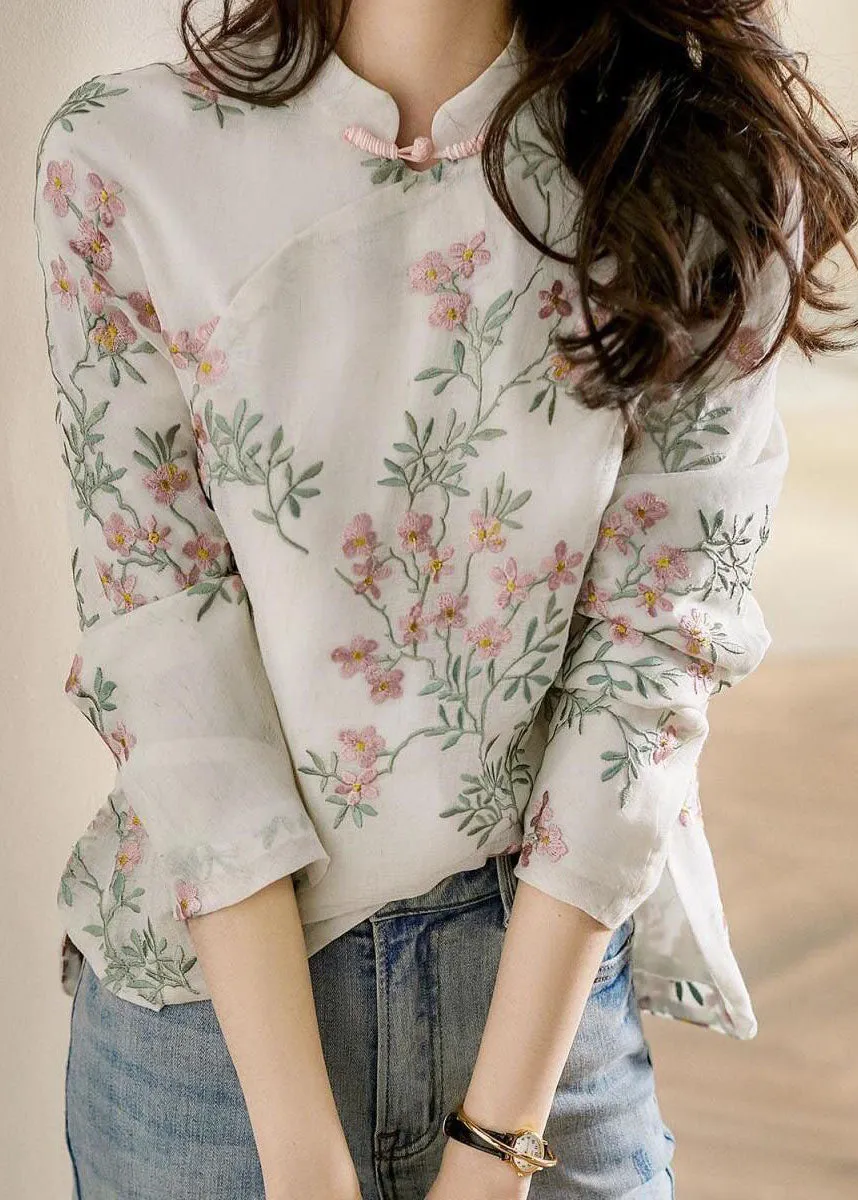 Unique Beige Printing Linen Blouses Spring