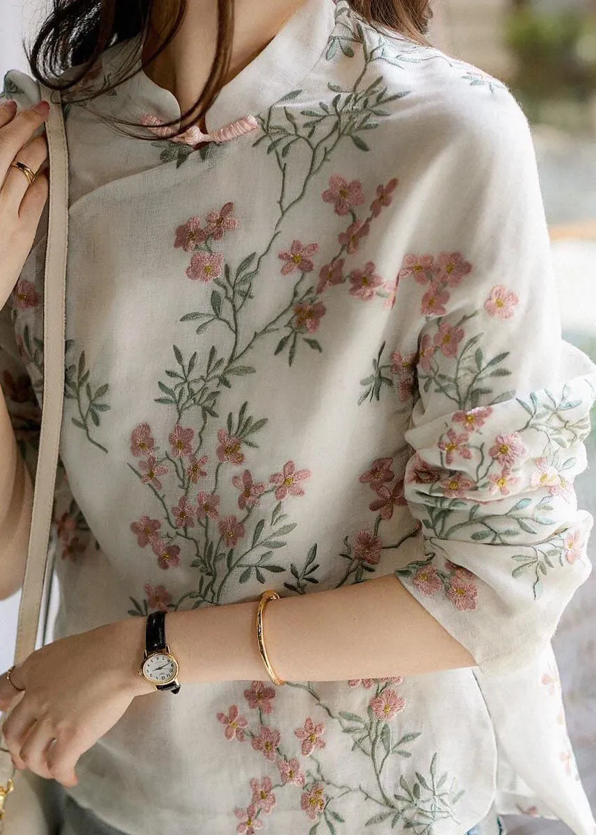Unique Beige Printing Linen Blouses Spring