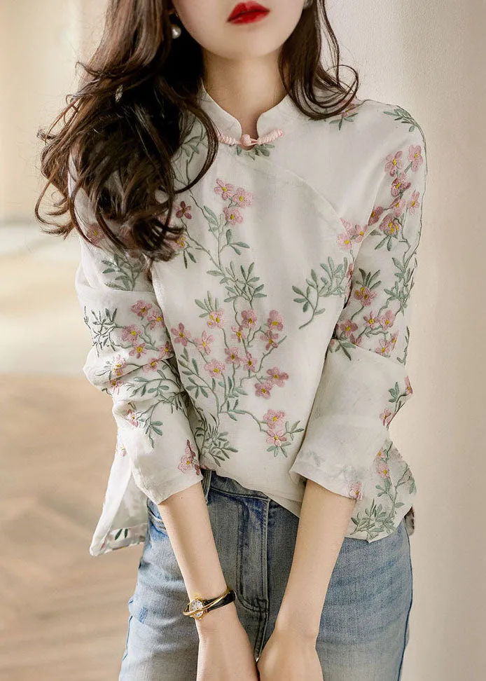 Unique Beige Printing Linen Blouses Spring