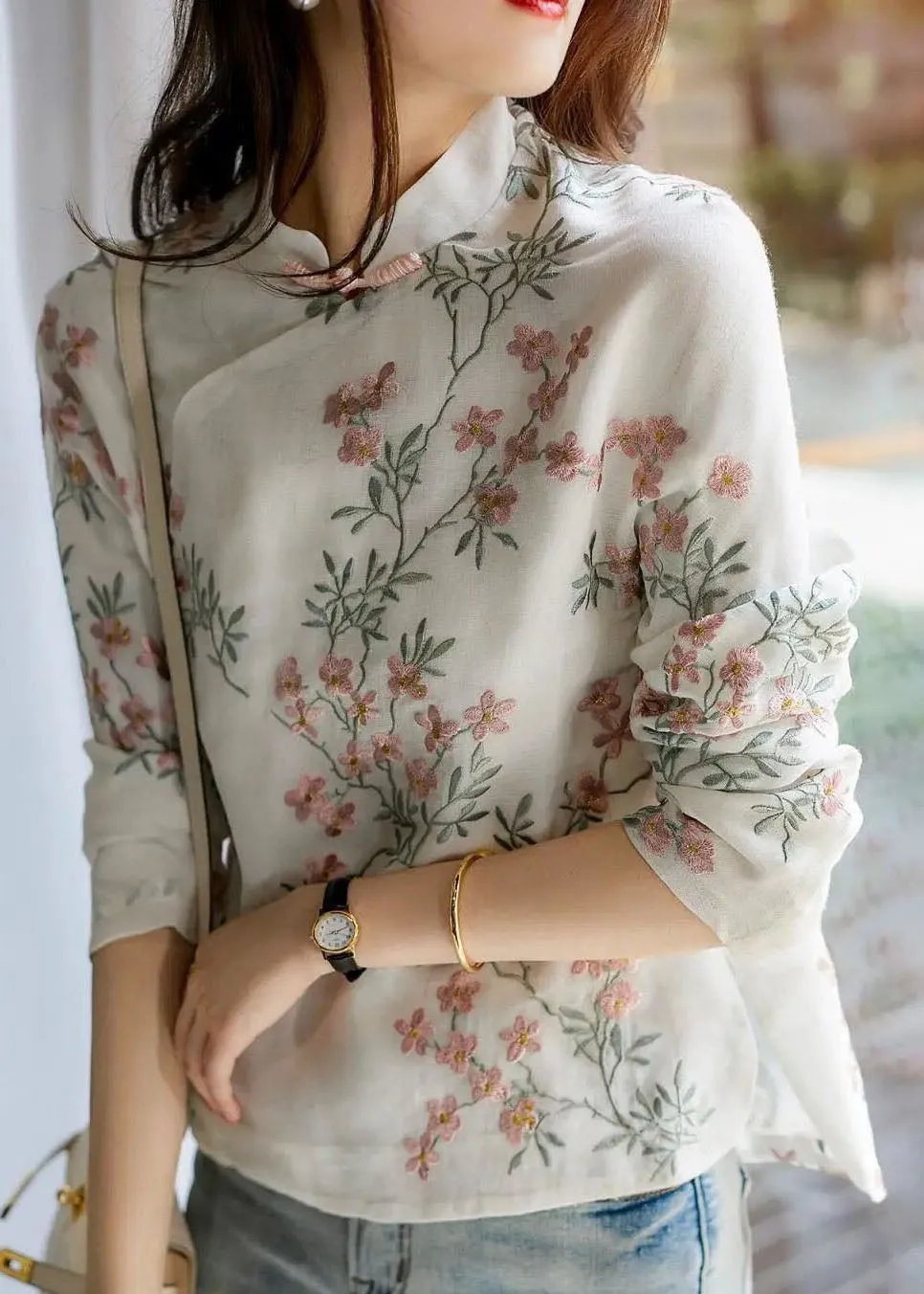 Unique Beige Printing Linen Blouses Spring