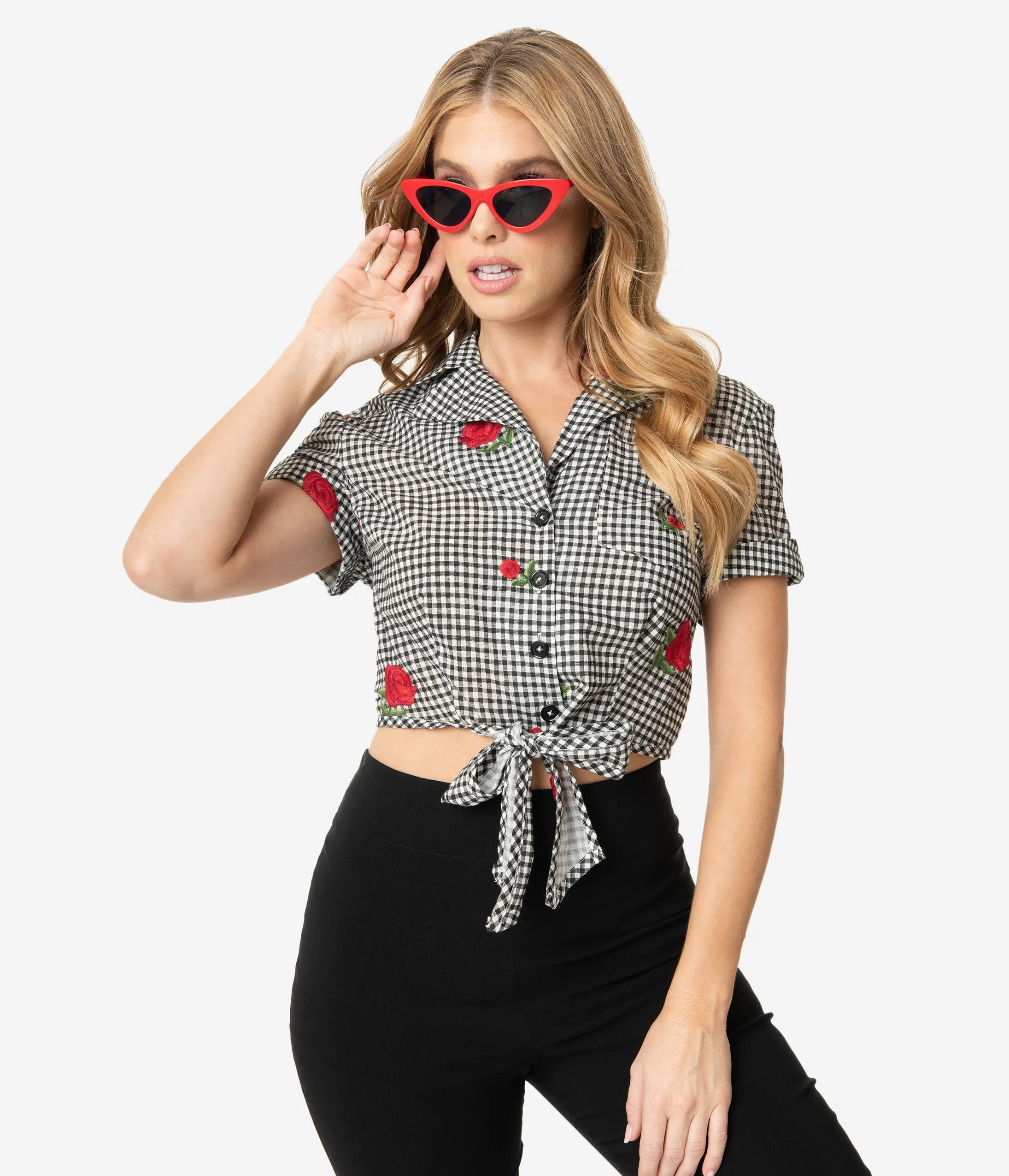 Unique Vintage Black Gingham & Roses Shirley Crop Top