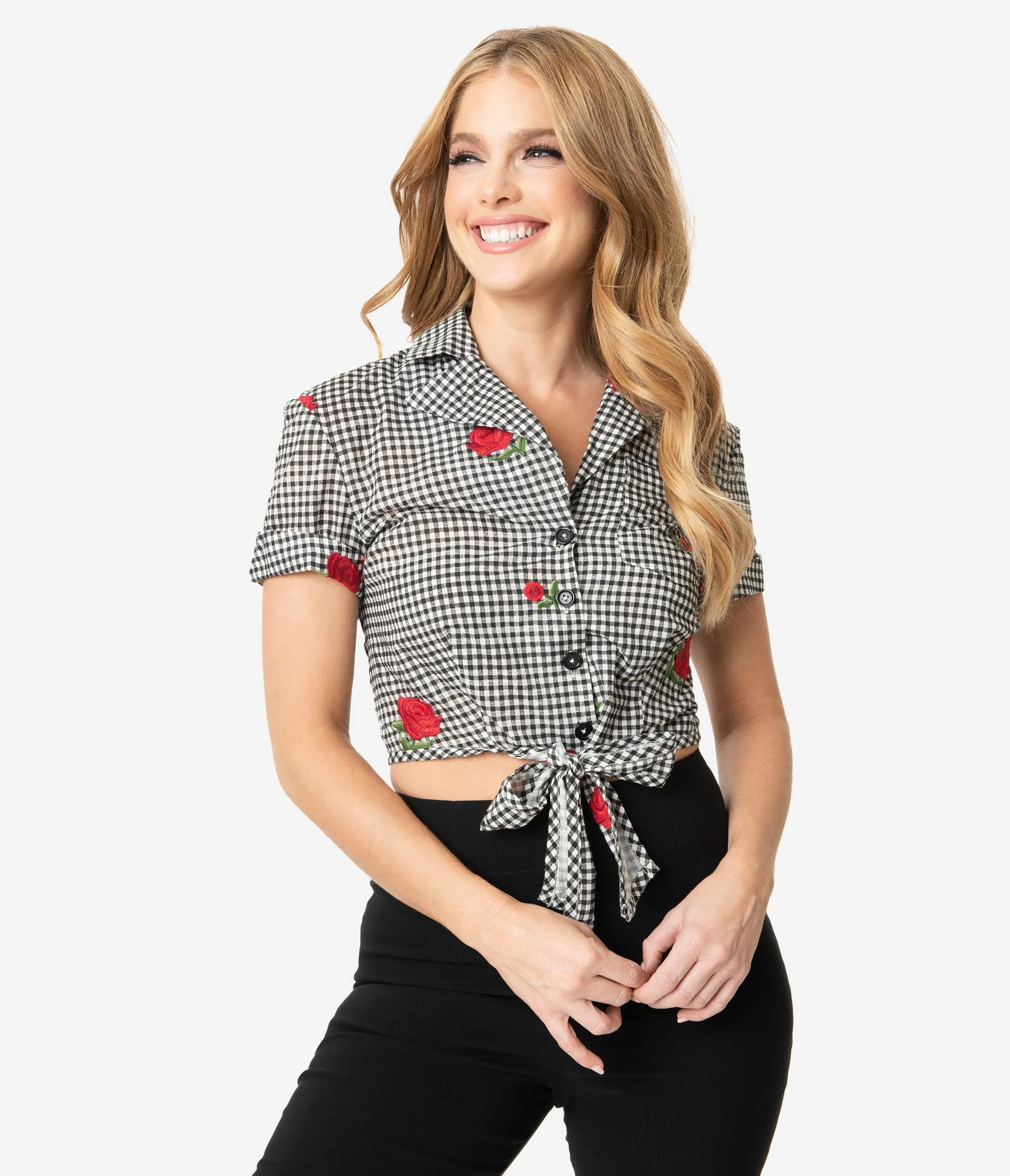 Unique Vintage Black Gingham & Roses Shirley Crop Top
