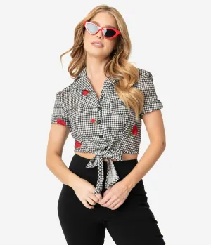 Unique Vintage Black Gingham & Roses Shirley Crop Top
