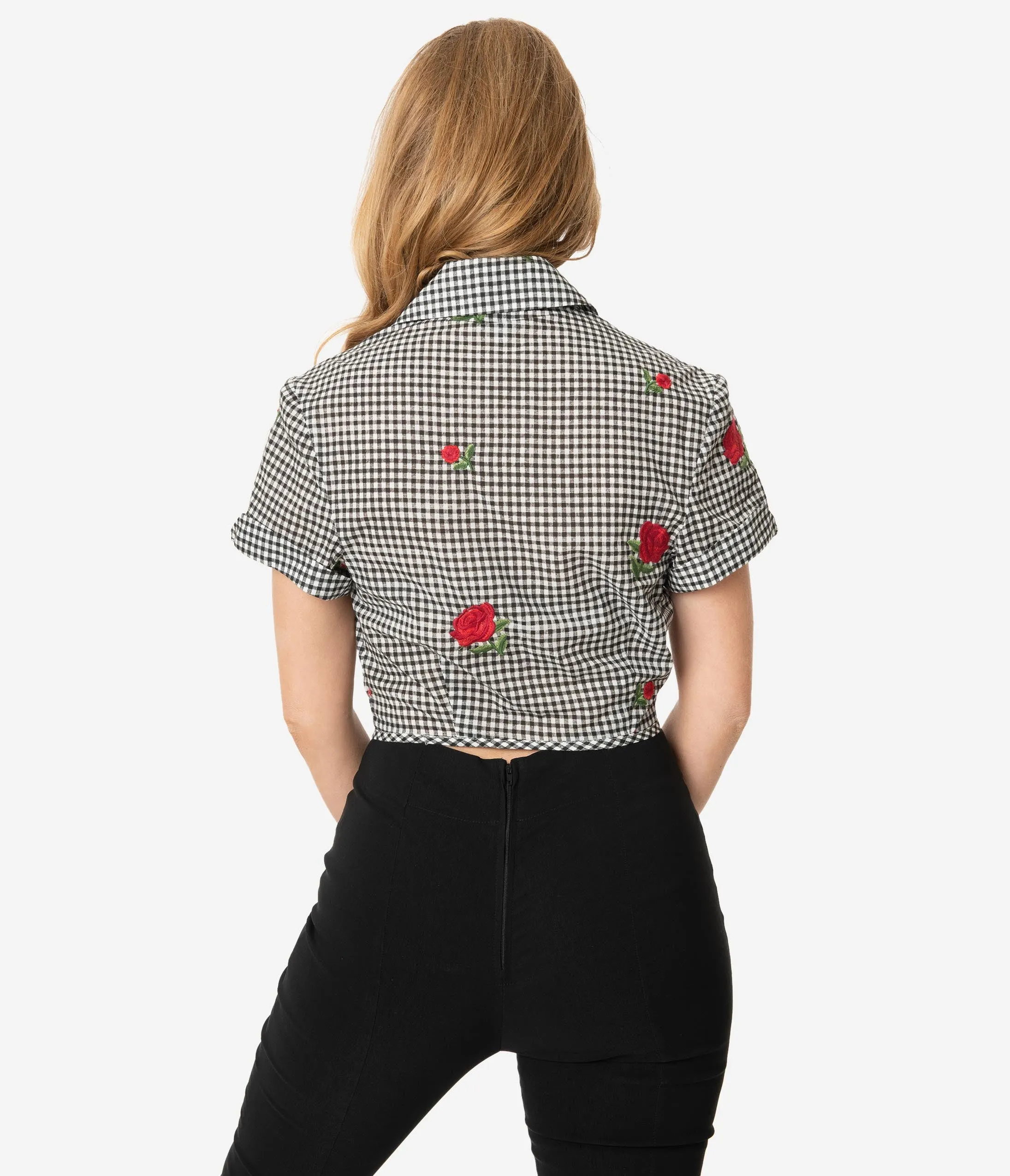 Unique Vintage Black Gingham & Roses Shirley Crop Top
