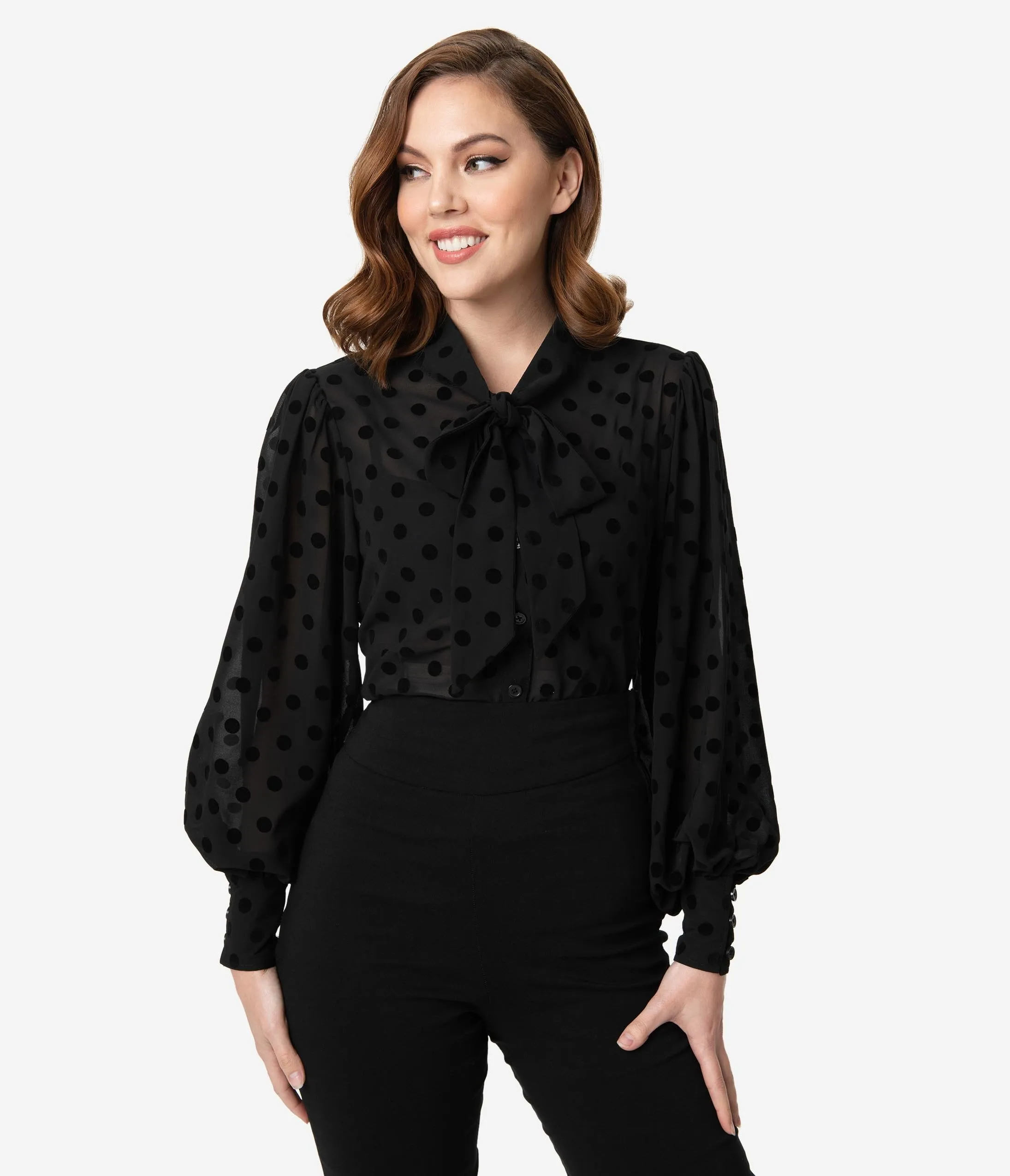 Unique Vintage Black Swiss Dot Crepe Neck Tie Gwen Blouse