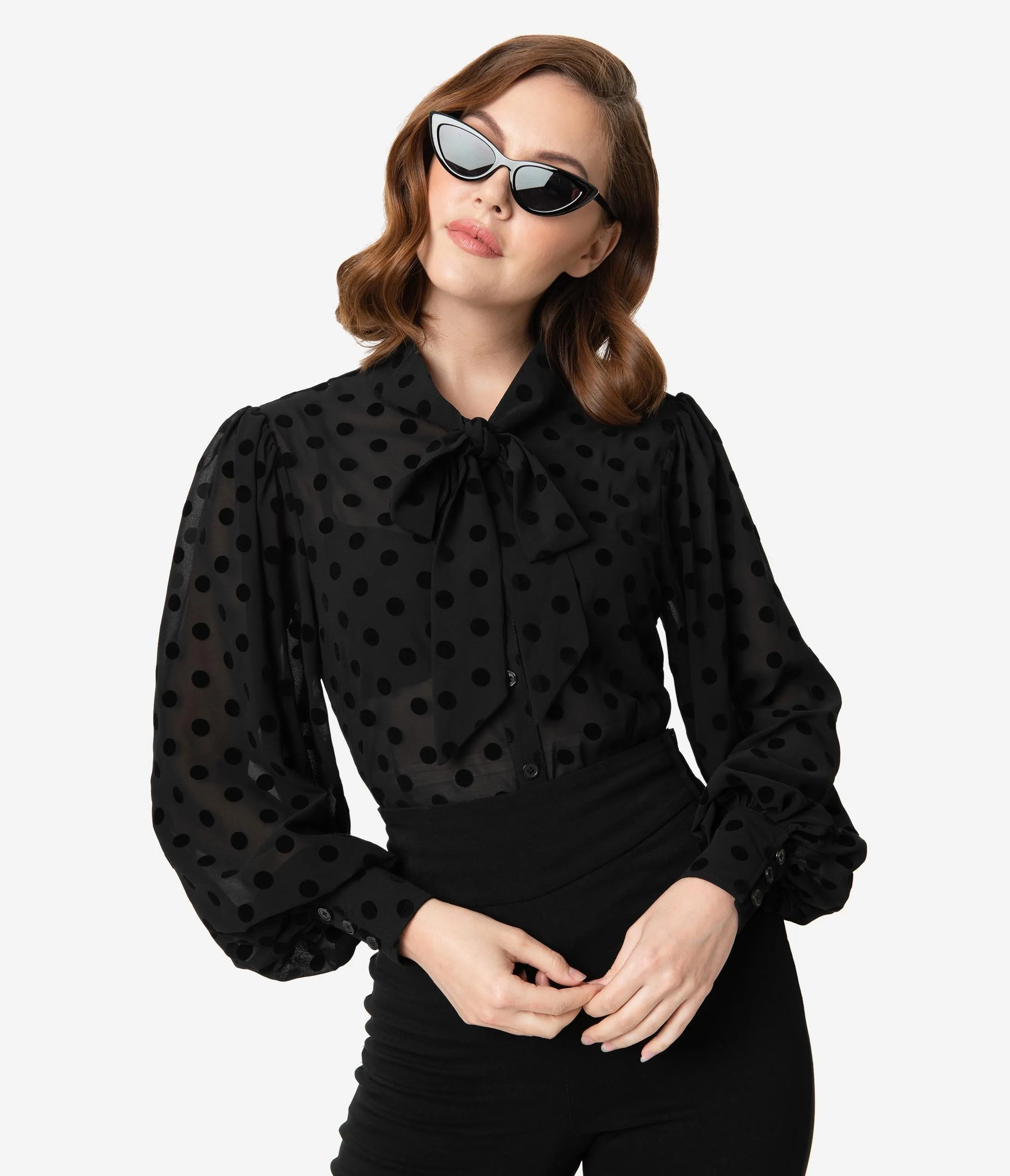 Unique Vintage Black Swiss Dot Crepe Neck Tie Gwen Blouse