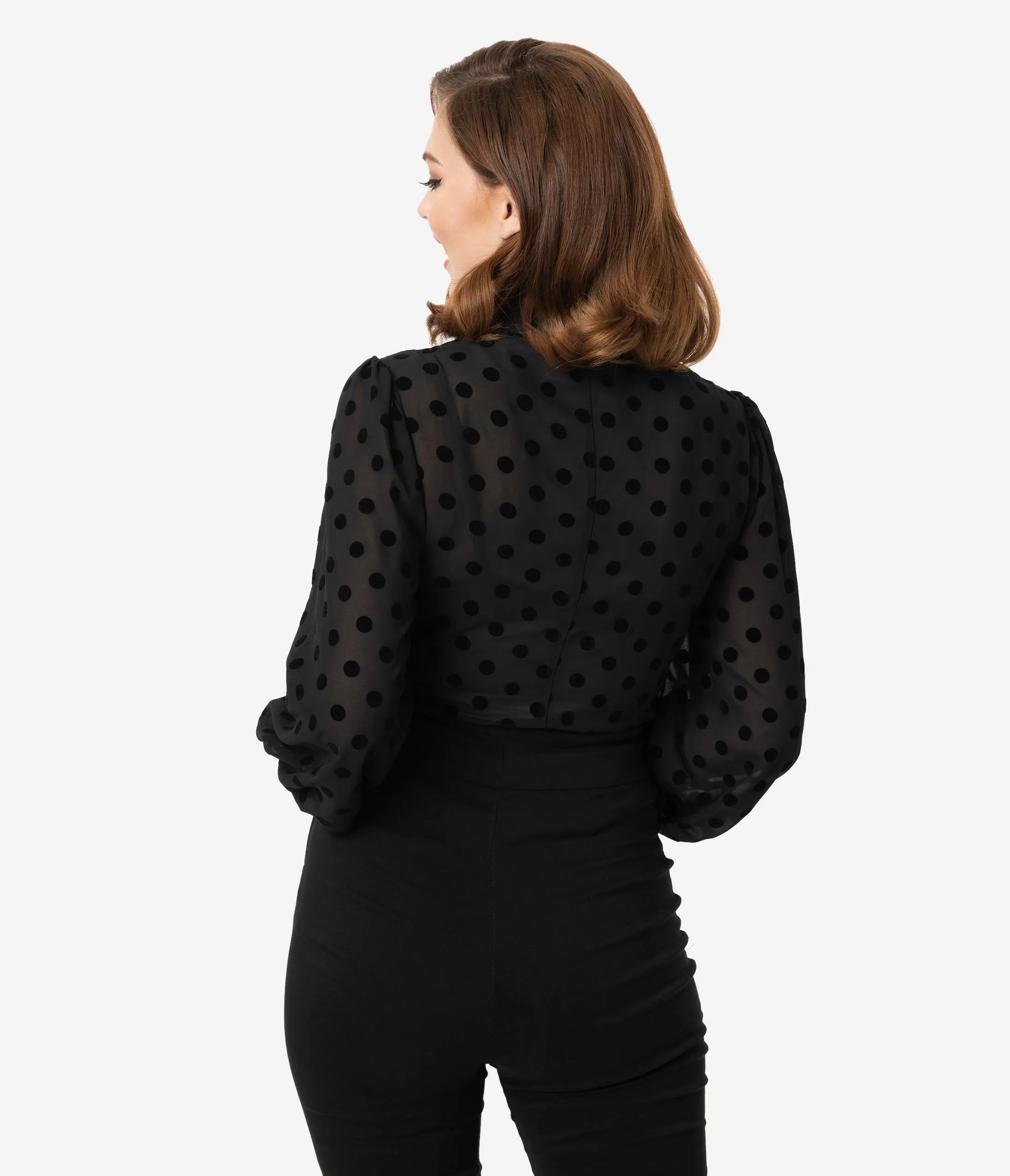 Unique Vintage Black Swiss Dot Crepe Neck Tie Gwen Blouse