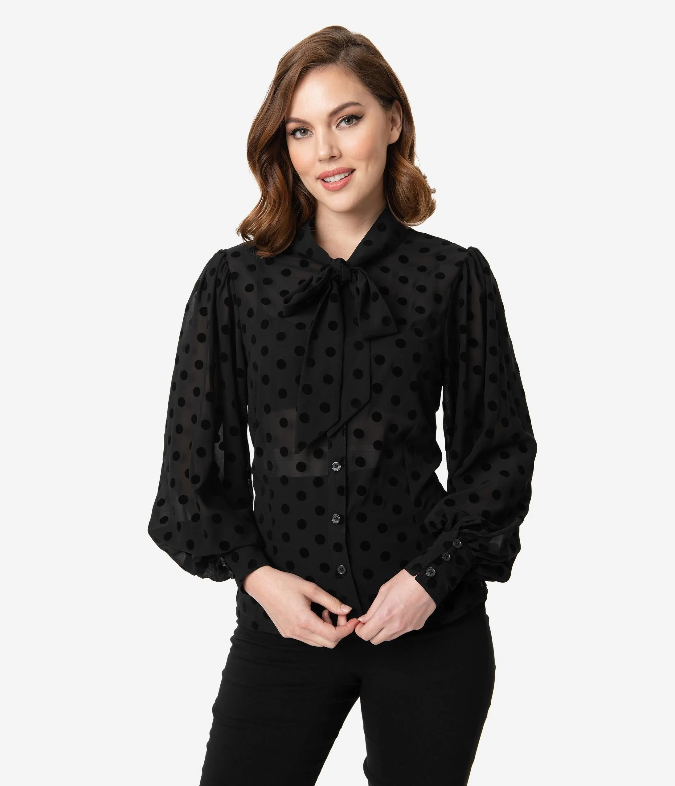 Unique Vintage Black Swiss Dot Crepe Neck Tie Gwen Blouse