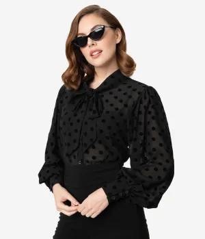 Unique Vintage Black Swiss Dot Crepe Neck Tie Gwen Blouse
