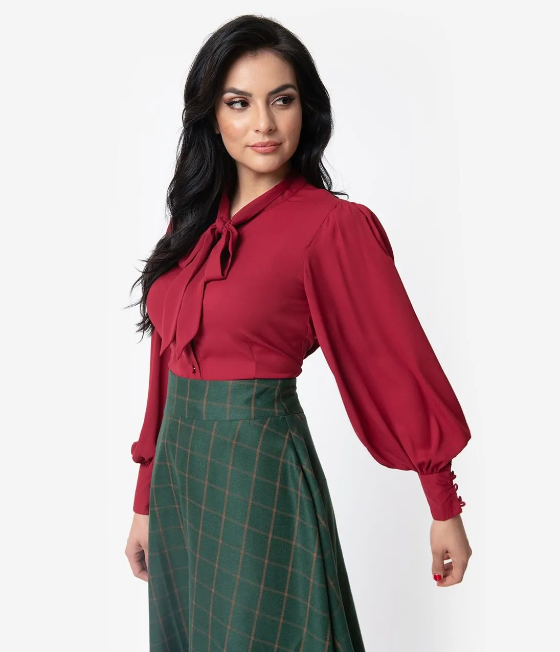 Unique Vintage Burgundy Crepe Neck Tie Gwen Blouse