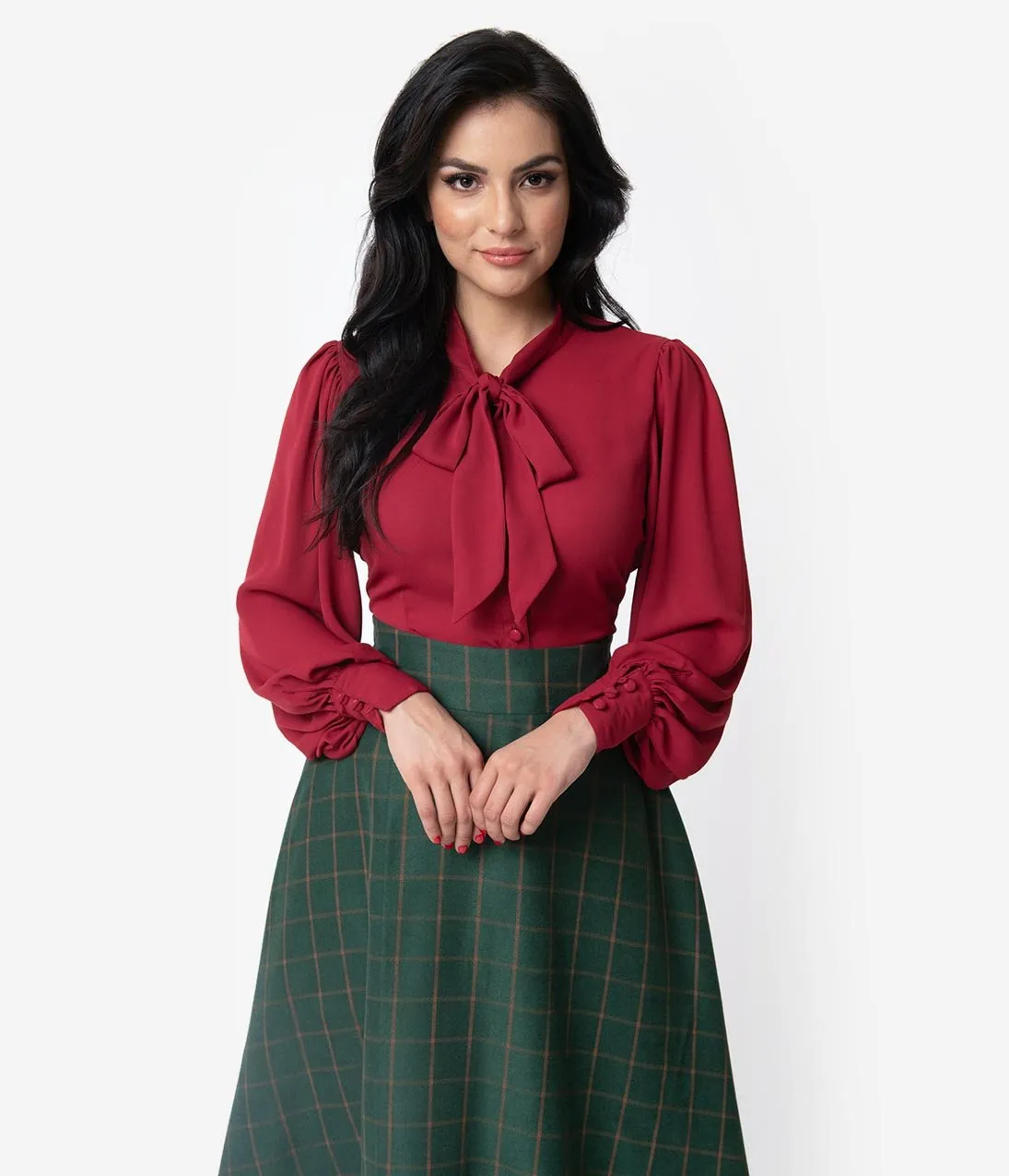 Unique Vintage Burgundy Crepe Neck Tie Gwen Blouse