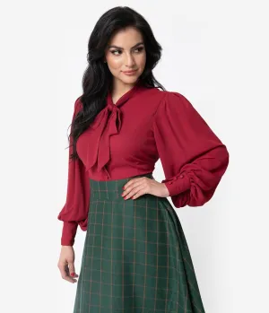 Unique Vintage Burgundy Crepe Neck Tie Gwen Blouse