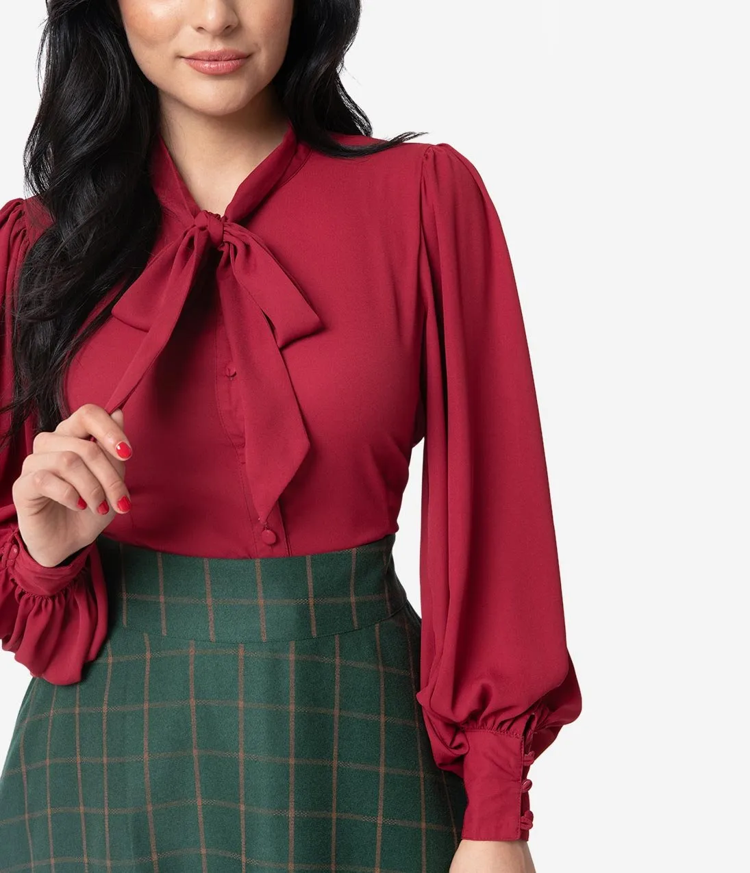 Unique Vintage Burgundy Crepe Neck Tie Gwen Blouse