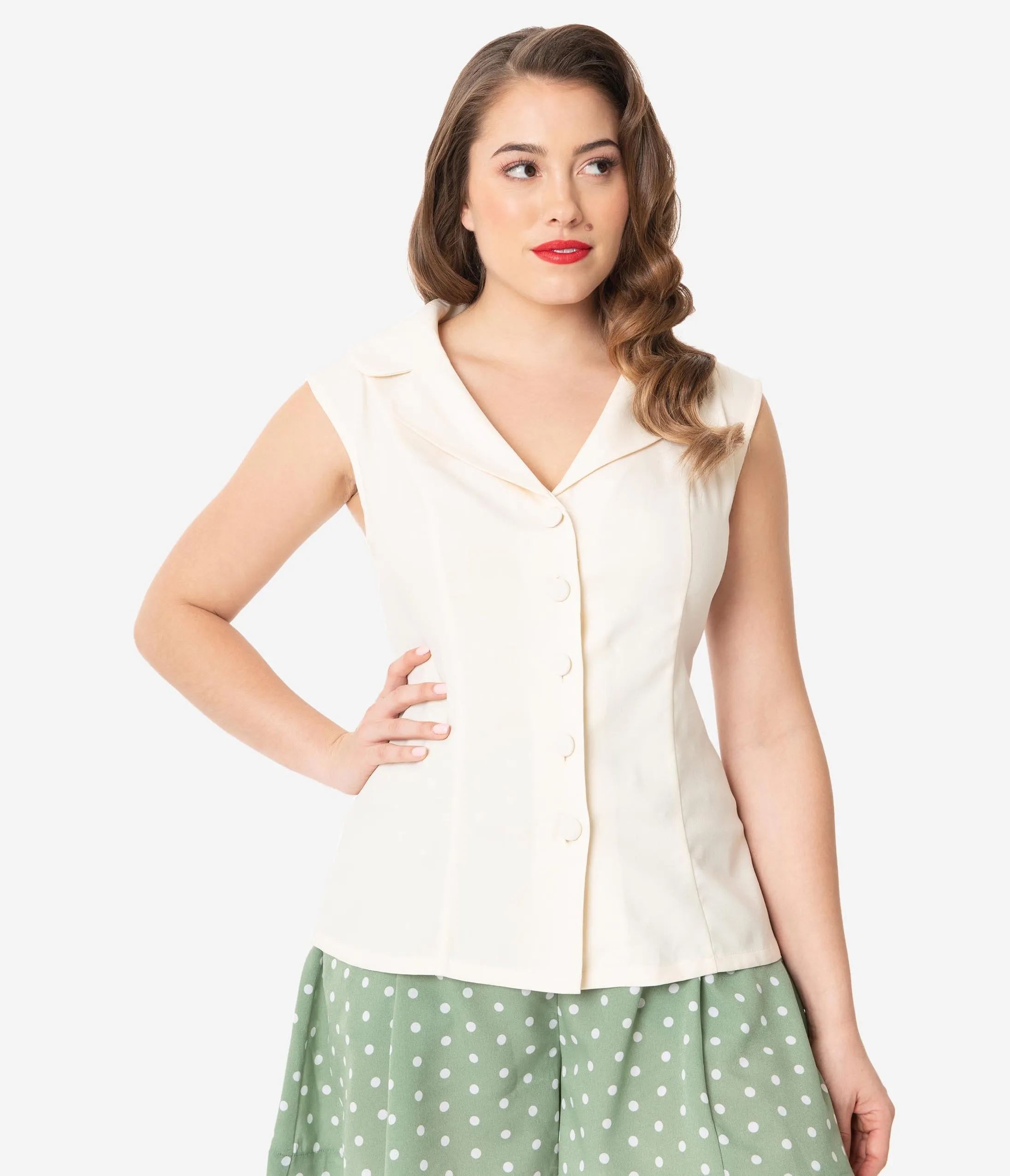 Unique Vintage Cream Sleeveless Button Up Polly Blouse