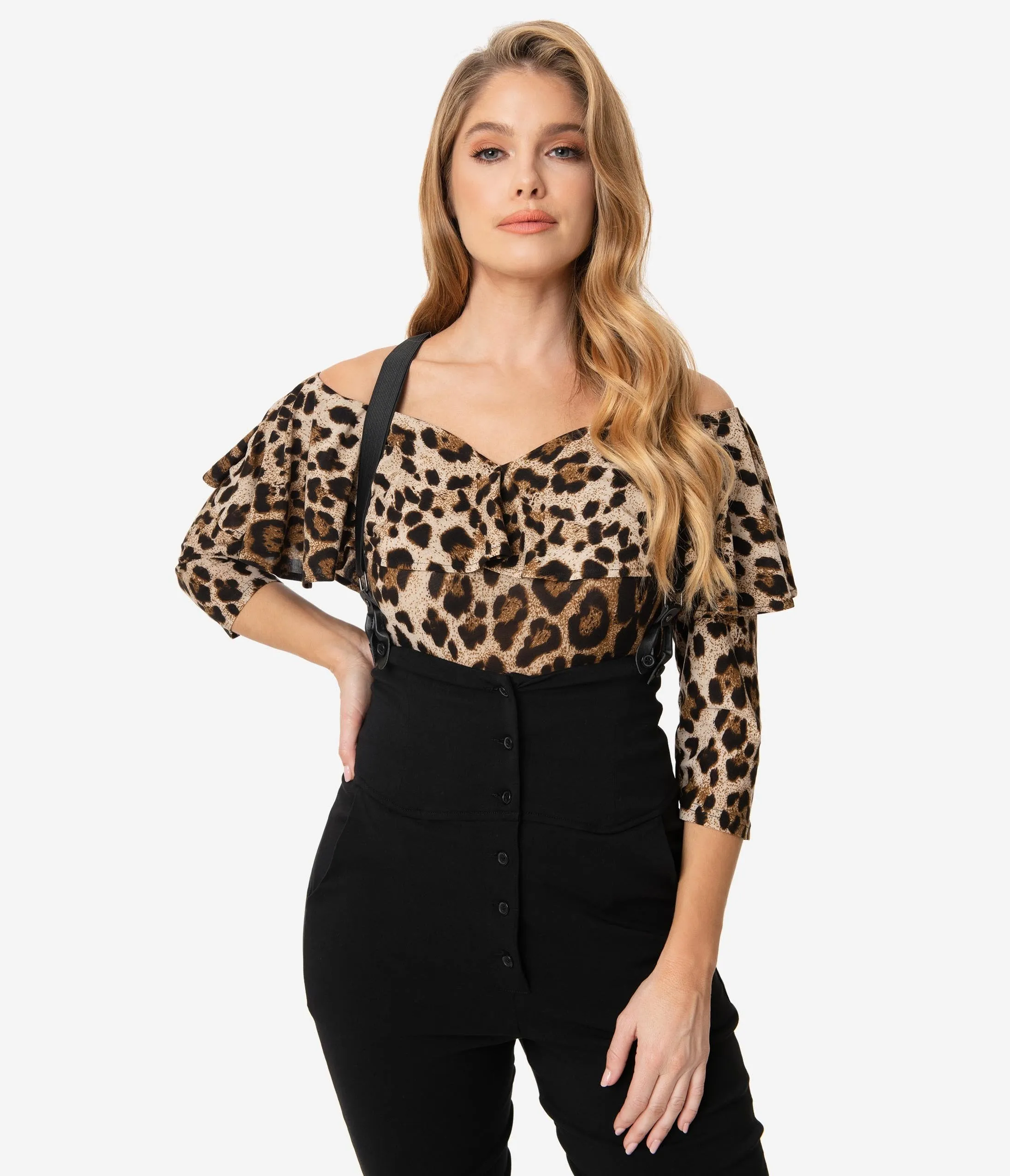 Unique Vintage Leopard Off Shoulder Ruffle Bisou Top