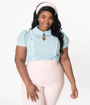 Unique Vintage Plus Size 1940s Light Blue & White Floral Print Pinky Top