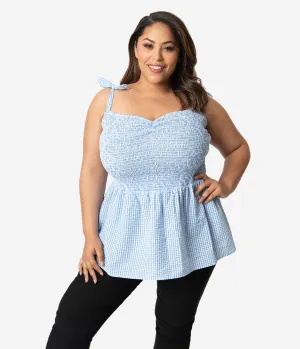 Unique Vintage Plus Size Blue & White Gingham Seersucker Bitsy Peplum Top