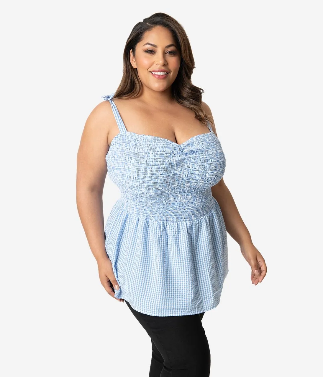Unique Vintage Plus Size Blue & White Gingham Seersucker Bitsy Peplum Top