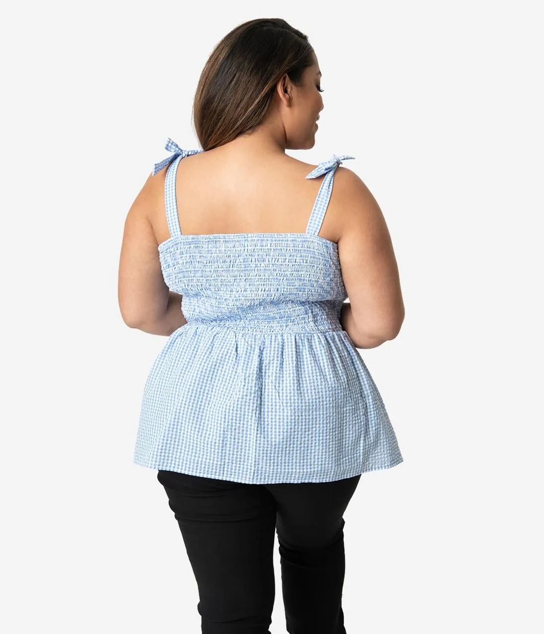 Unique Vintage Plus Size Blue & White Gingham Seersucker Bitsy Peplum Top