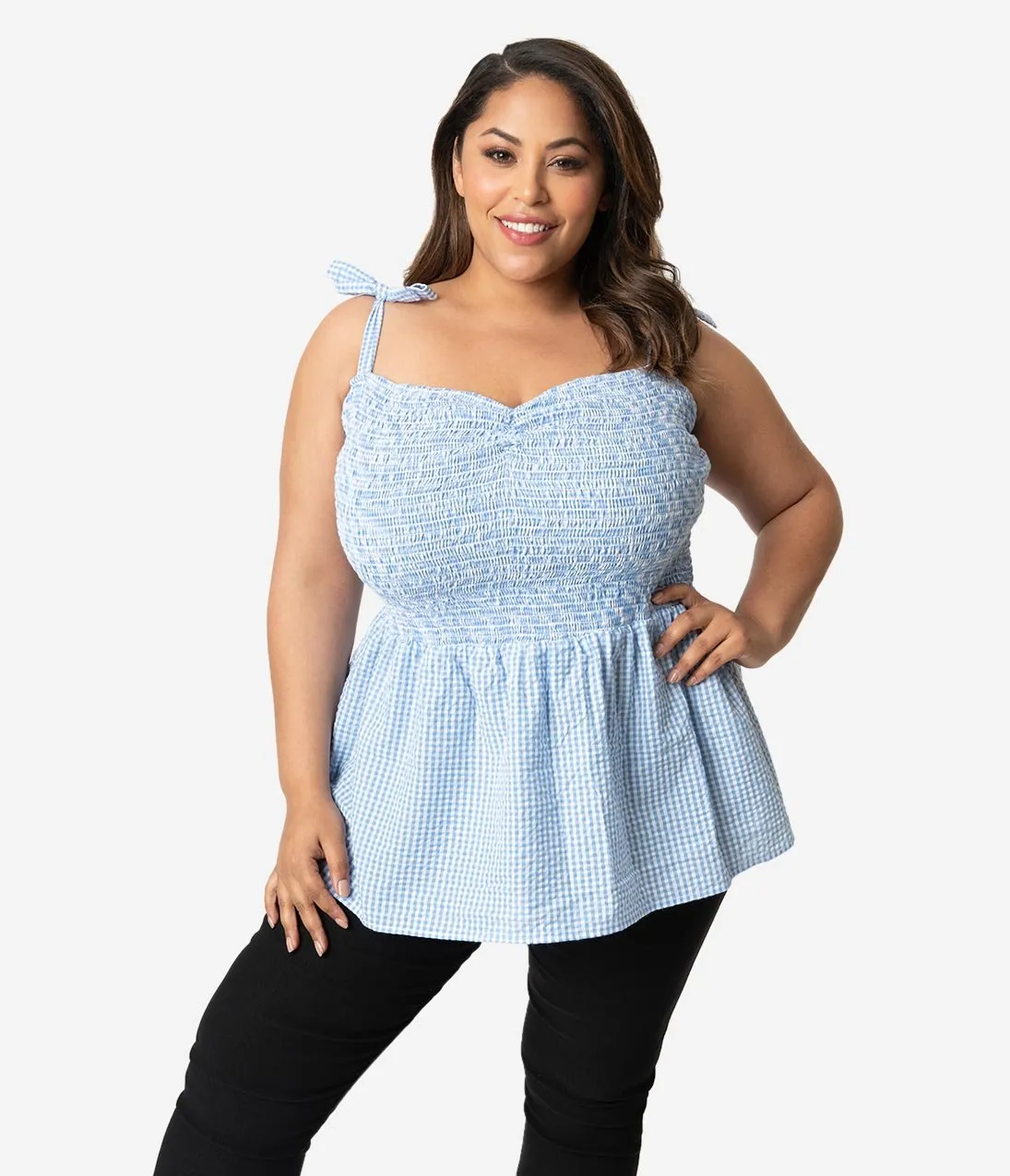 Unique Vintage Plus Size Blue & White Gingham Seersucker Bitsy Peplum Top